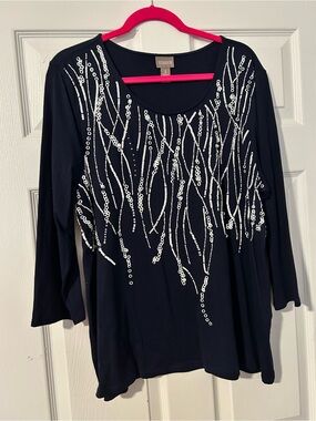 Chico's Black Long-Sleeve Scoop Neck Top with Silver Sequin Streams